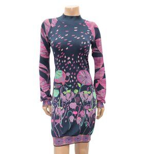 CUSTO BARCELONA Flower POPPY Motorcycle Print Long Sleeve Body Con Dress Medium